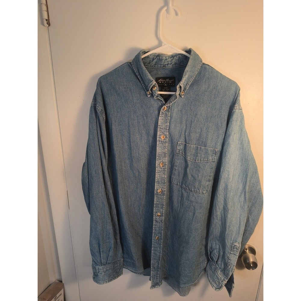 Vintage Eddie Bauer Denim Shirt Mens M Medium Long Sleeve Button Down Blue 90s